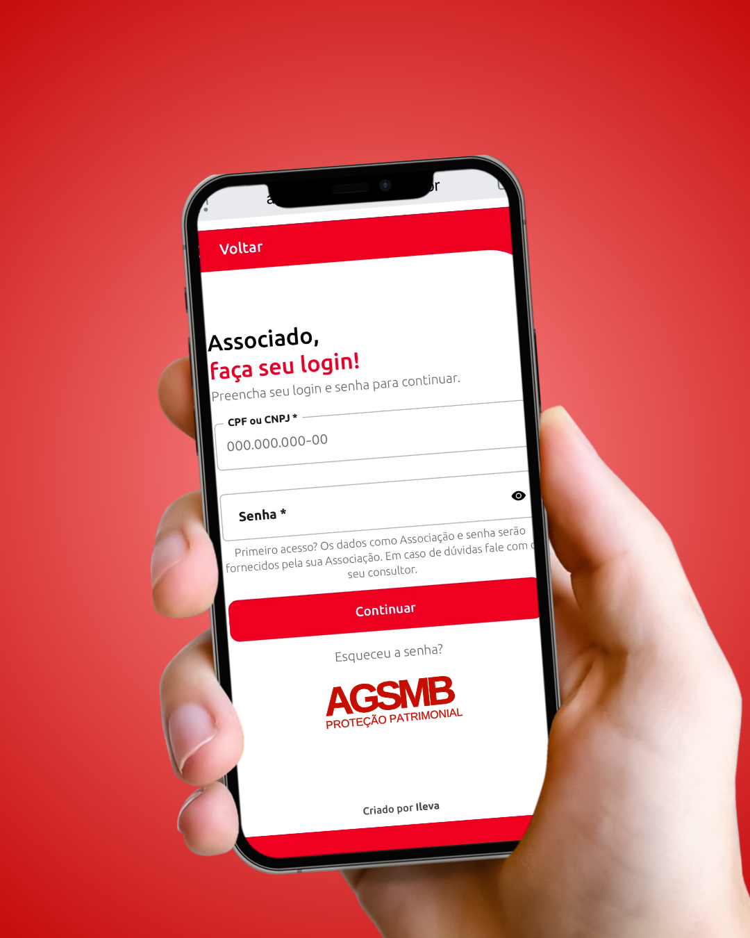 Smartphone mostrando a tela de login do AGSMB APP
